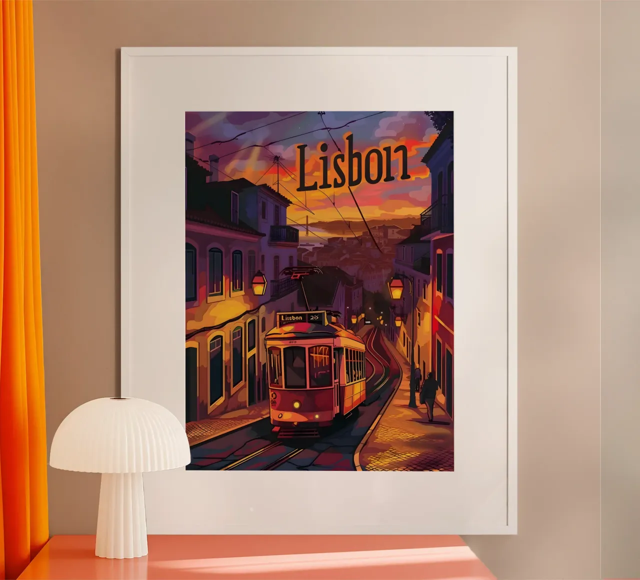 Lissabon bei Nacht poster con telaio in plastica da Vintage Travel Art