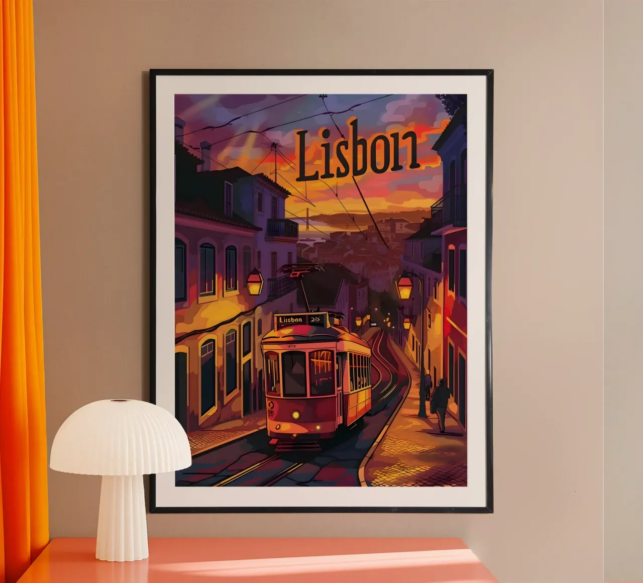 Lissabon bei Nacht poster con telaio in plastica da Vintage Travel Art