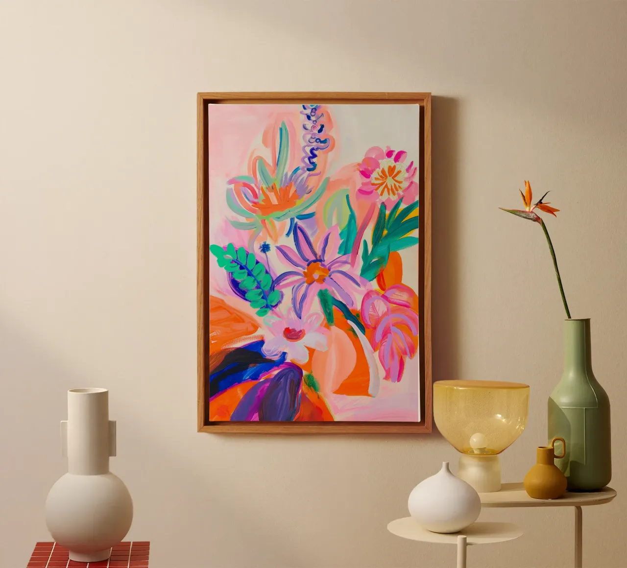 Heldere bloemenprint, abstracte bloemenposter canvas met Baklijst van Boheme
