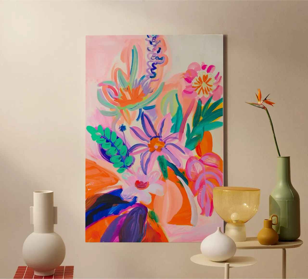 Heldere bloemenprint, abstracte bloemenposter canvas met Baklijst van Boheme