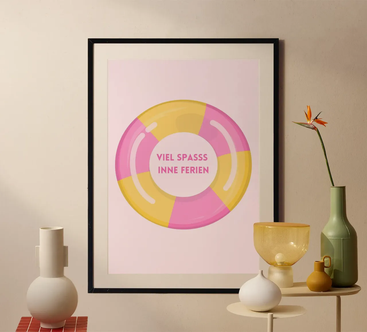 Schwimmreifen - rosa, gelb - Ferien - Spruch - Ruhrgebiet poster with aluminum frame by keinkonzept