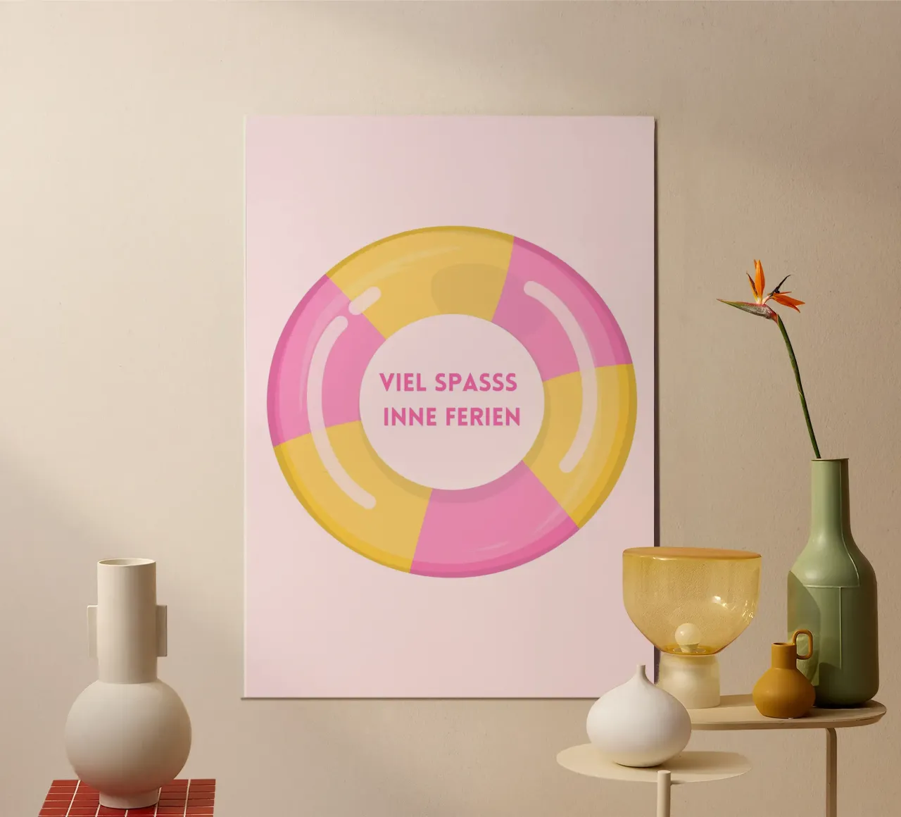 Schwimmreifen - rosa, gelb - Ferien - Spruch - Ruhrgebiet poster with aluminum frame by keinkonzept