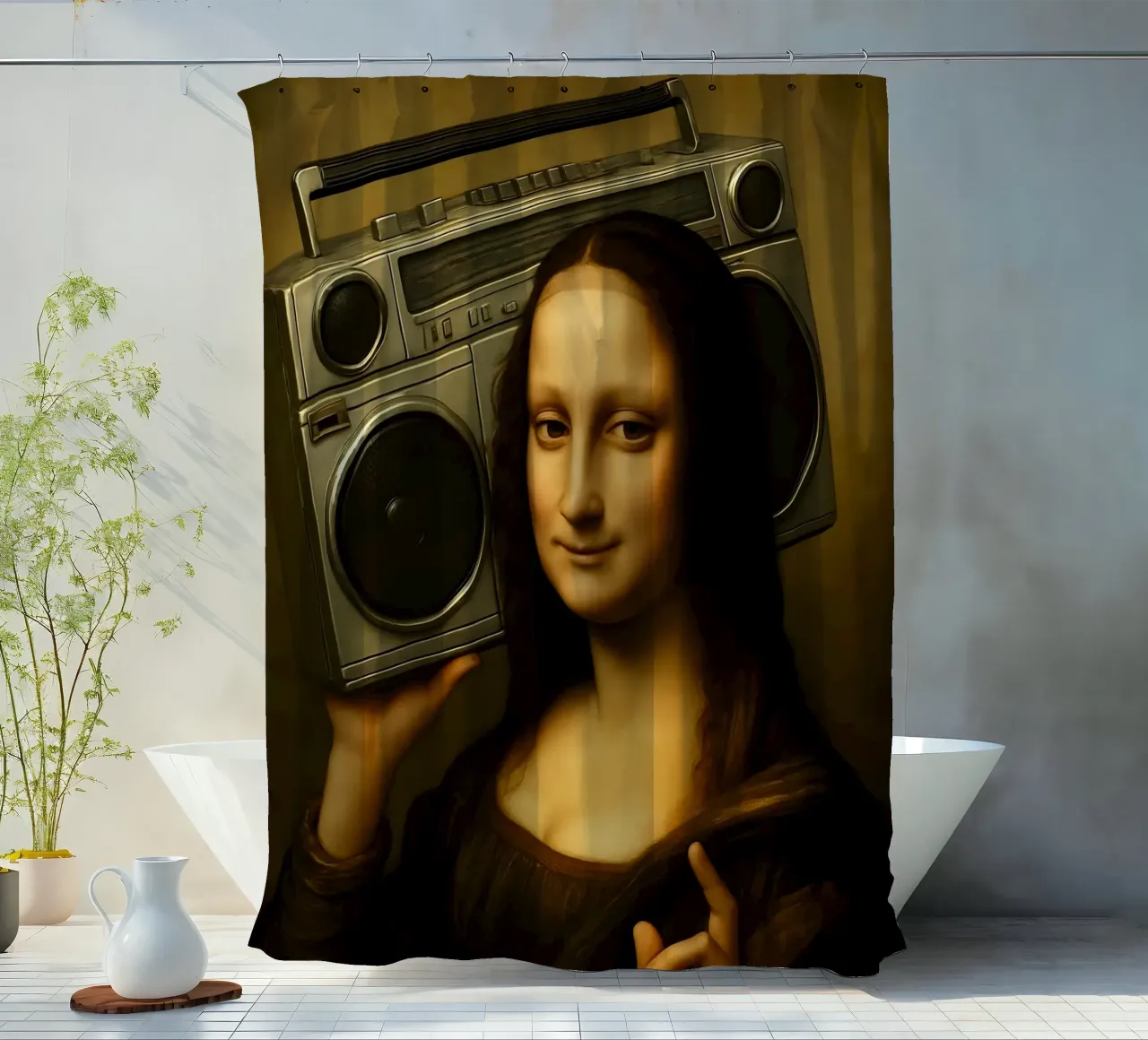 Mona Lisa Ghetto Blaster shower curtain by ARTOMATIC