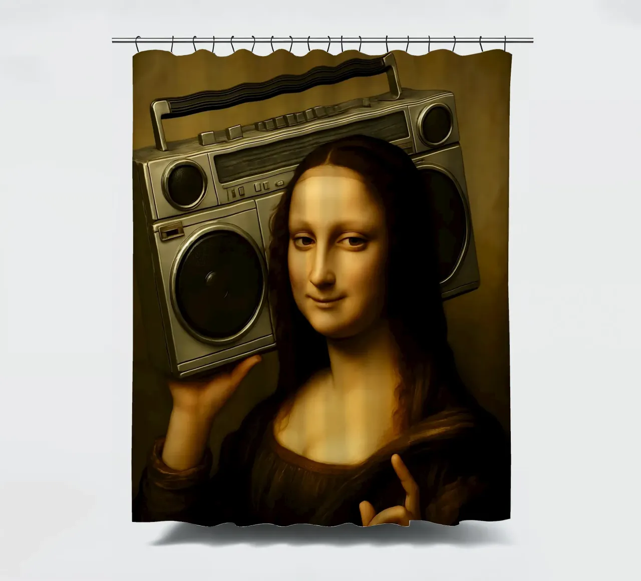 Mona Lisa Ghetto Blaster shower curtain by ARTOMATIC