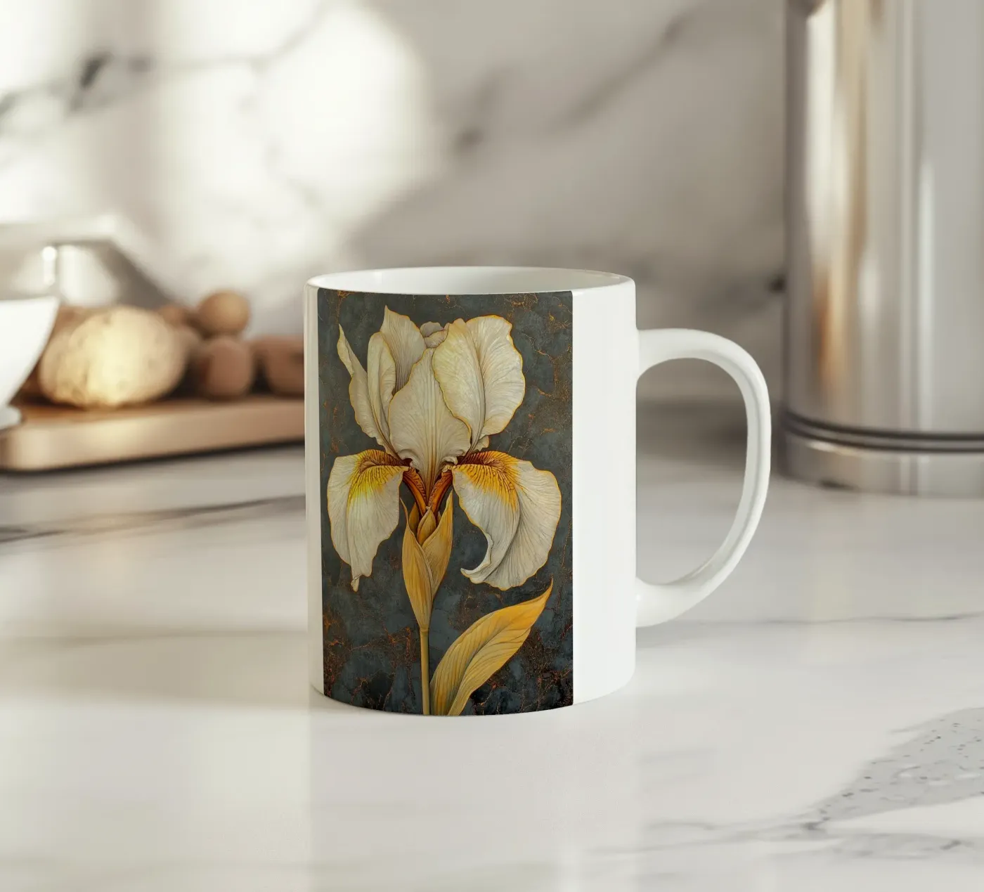 White iris ceramic mug by Art-Nouveau-Dsg