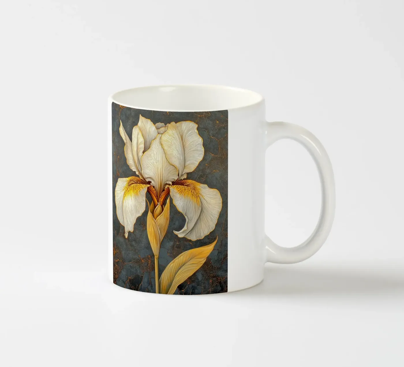 White iris ceramic mug by Art-Nouveau-Dsg