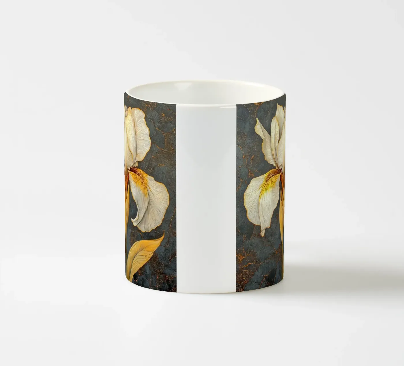 White iris ceramic mug by Art-Nouveau-Dsg