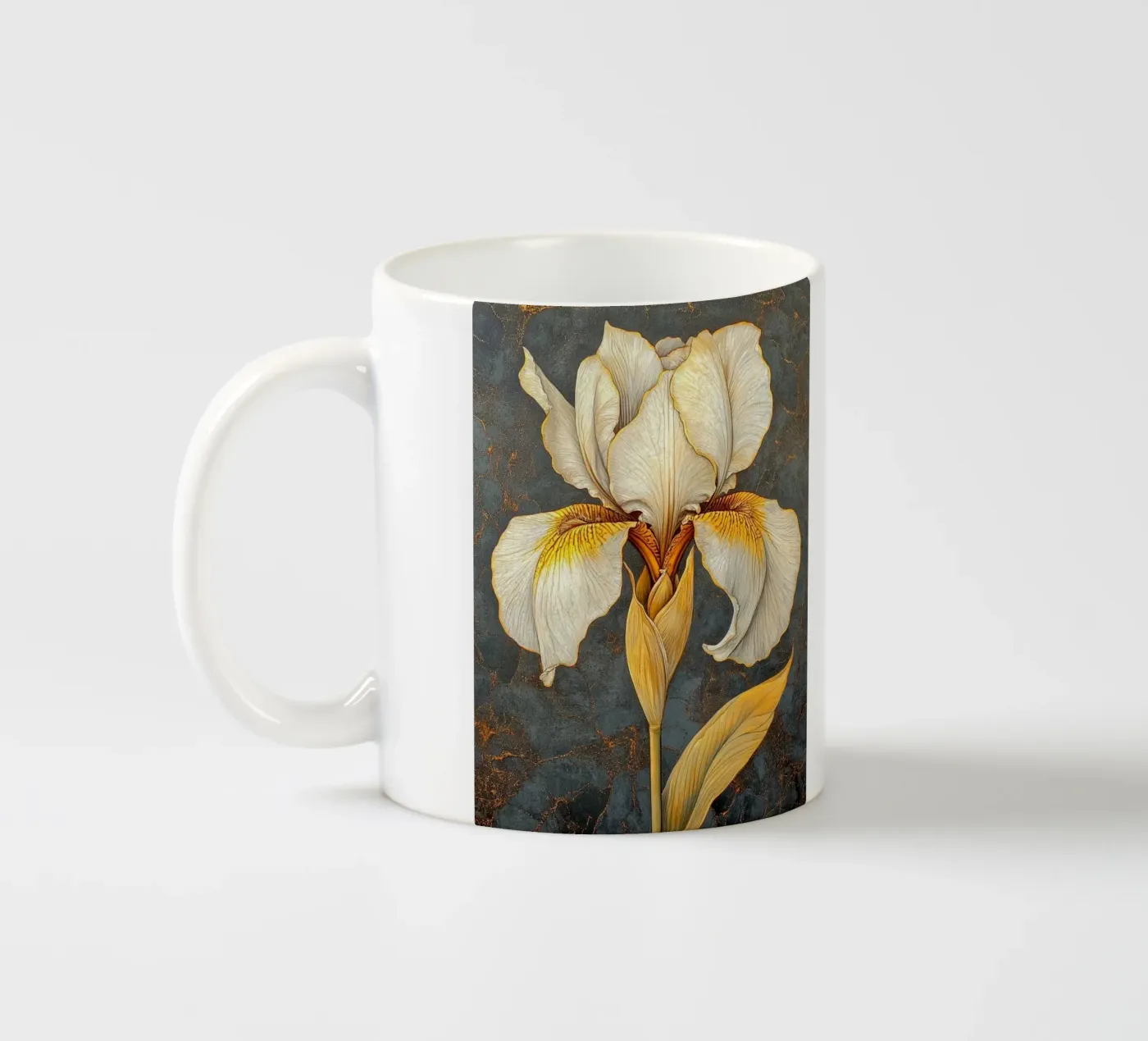 White iris ceramic mug by Art-Nouveau-Dsg