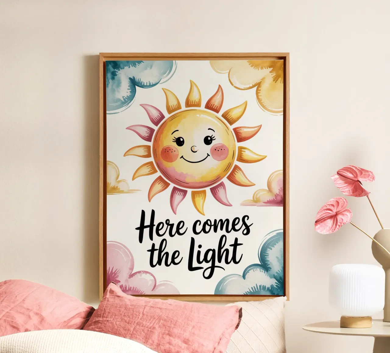 "Hier komt het licht" - Zonnige glimlach poster canvas met Baklijst van logic