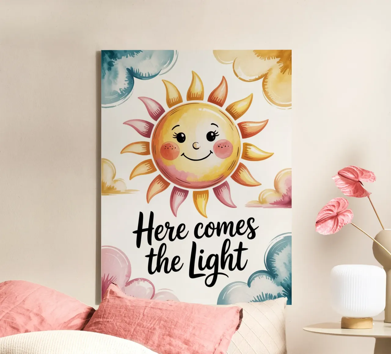 "Hier komt het licht" - Zonnige glimlach poster canvas met Baklijst van logic