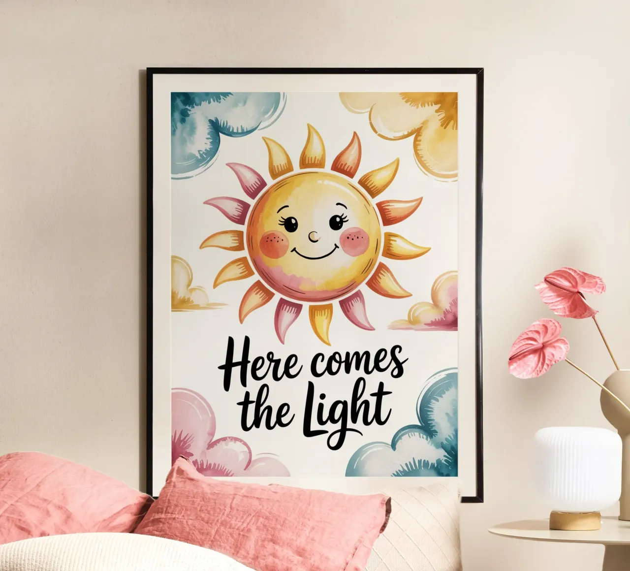 "Here Comes the Light" - Poster per il sorriso solare poster con telaio in alluminio da logic