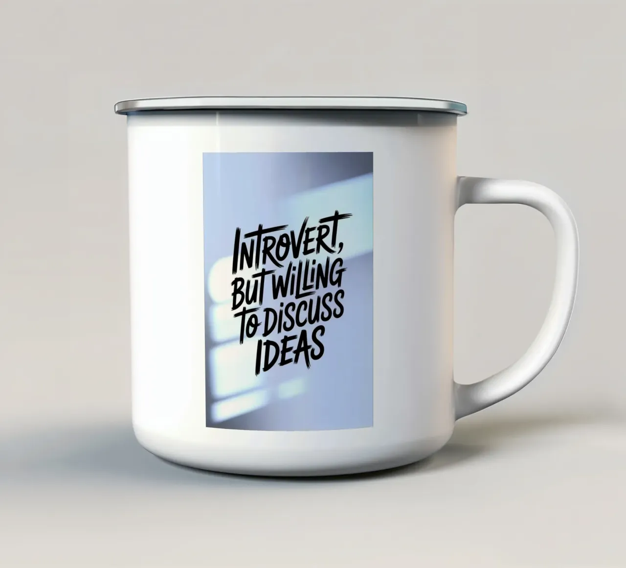 "Introvert, maar bereid om ideeën te bespreken" - Zachte Editie emaille mok van logic