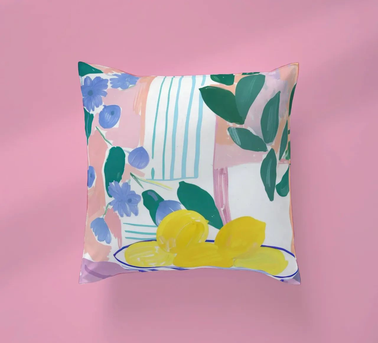 Lemon Print, Abstract Botanical Art, Pastel Wall Art decorative cushion by Little Lila