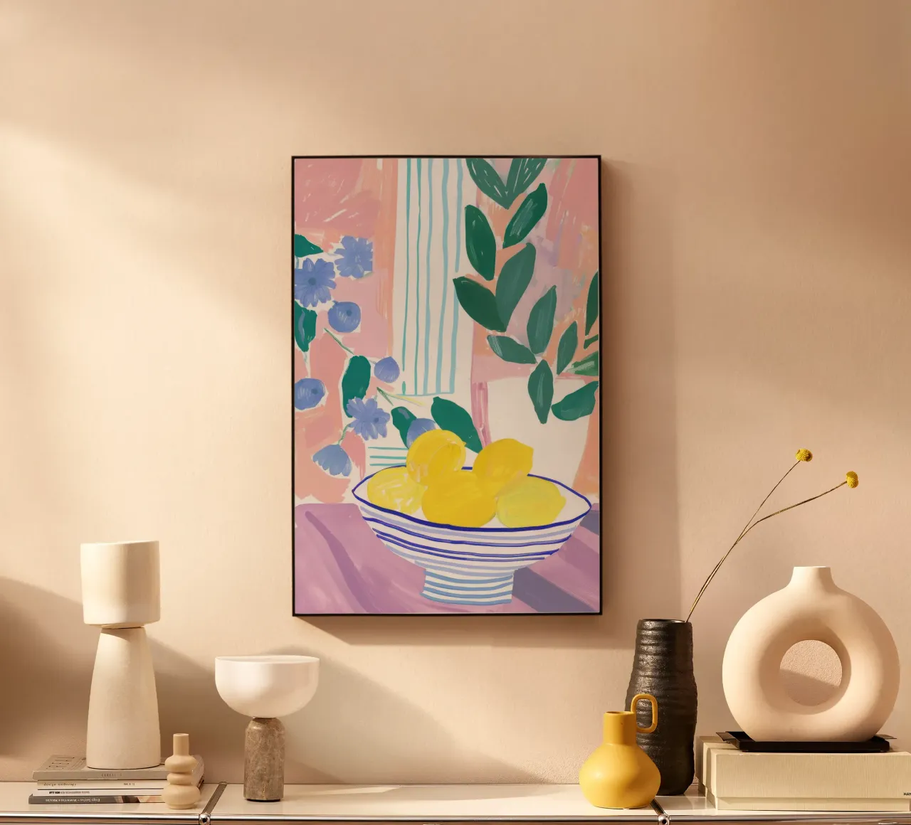 Lemon Print, Abstract Botanical Art, Pastel Wall Art alu-dibond by Little Lila