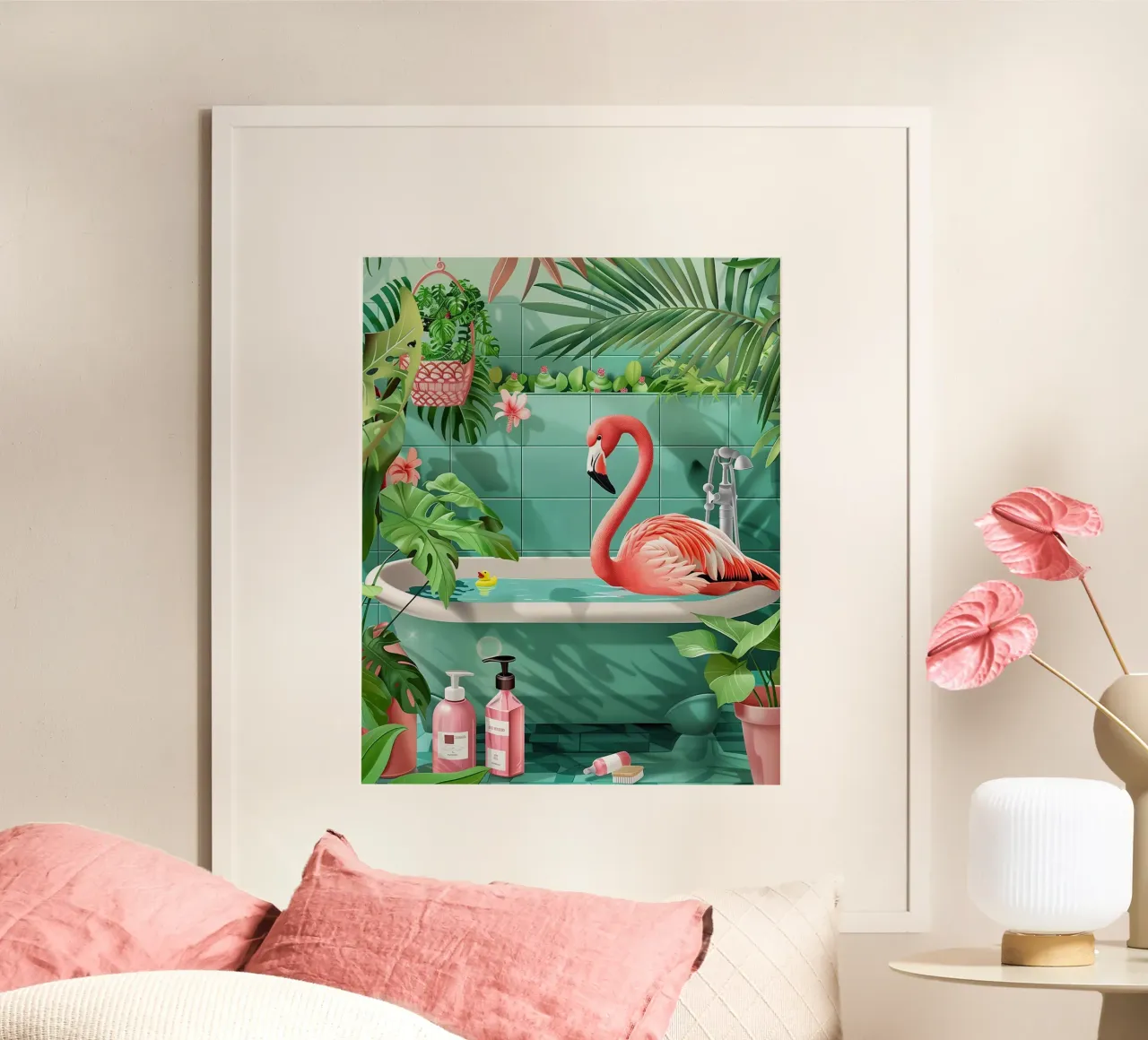 Cartello per bagno con fenicottero poster con telaio in legno da animals_studio