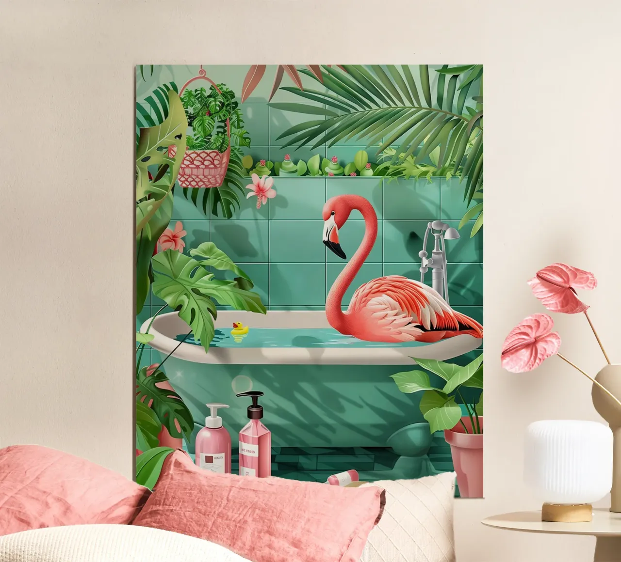 Cartello per bagno con fenicottero poster con telaio in legno da animals_studio