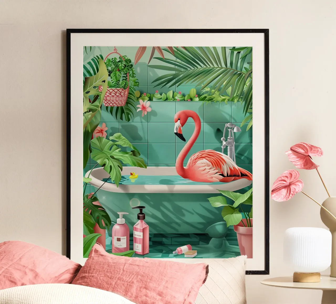 Cartello per bagno con fenicottero poster con telaio in legno da animals_studio