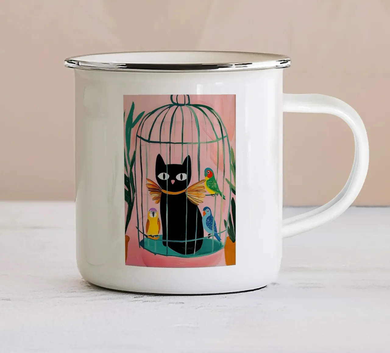 Matisse Budgies con gatto tazza in smalto da animals_studio