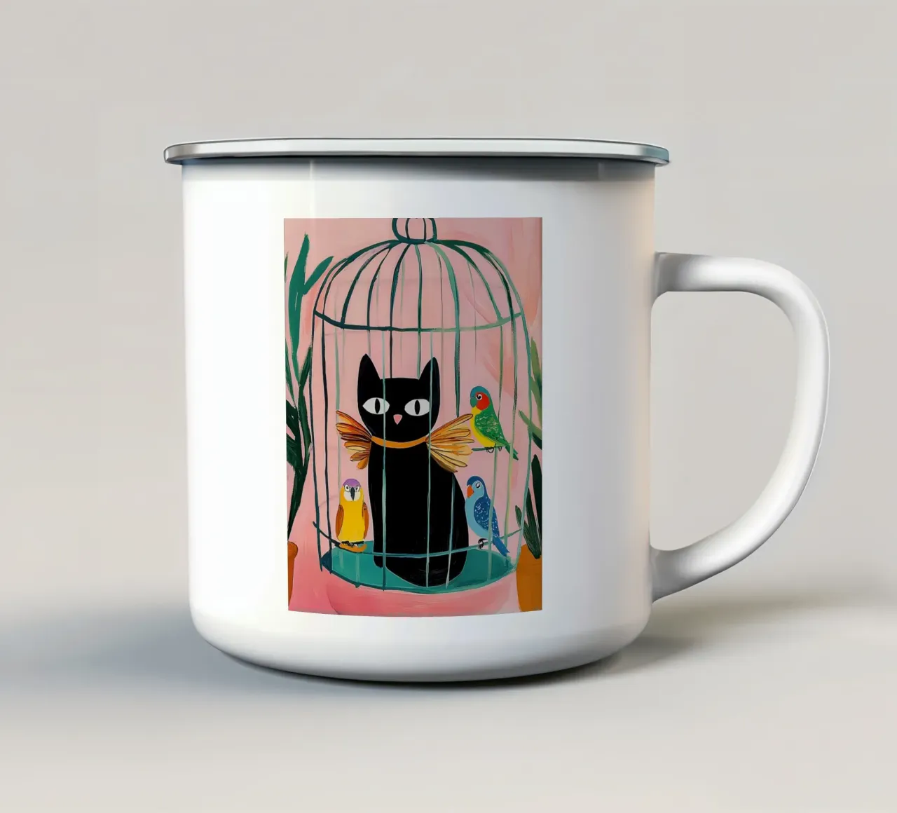 Matisse Budgies con gatto tazza in smalto da animals_studio