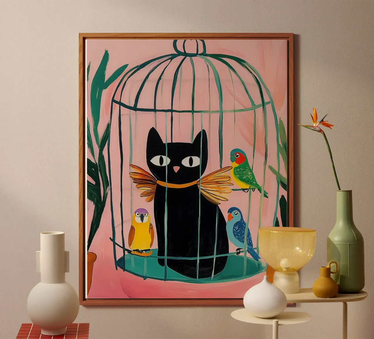 Matisse Budgies con gatto alluminio dibond da animals_studio