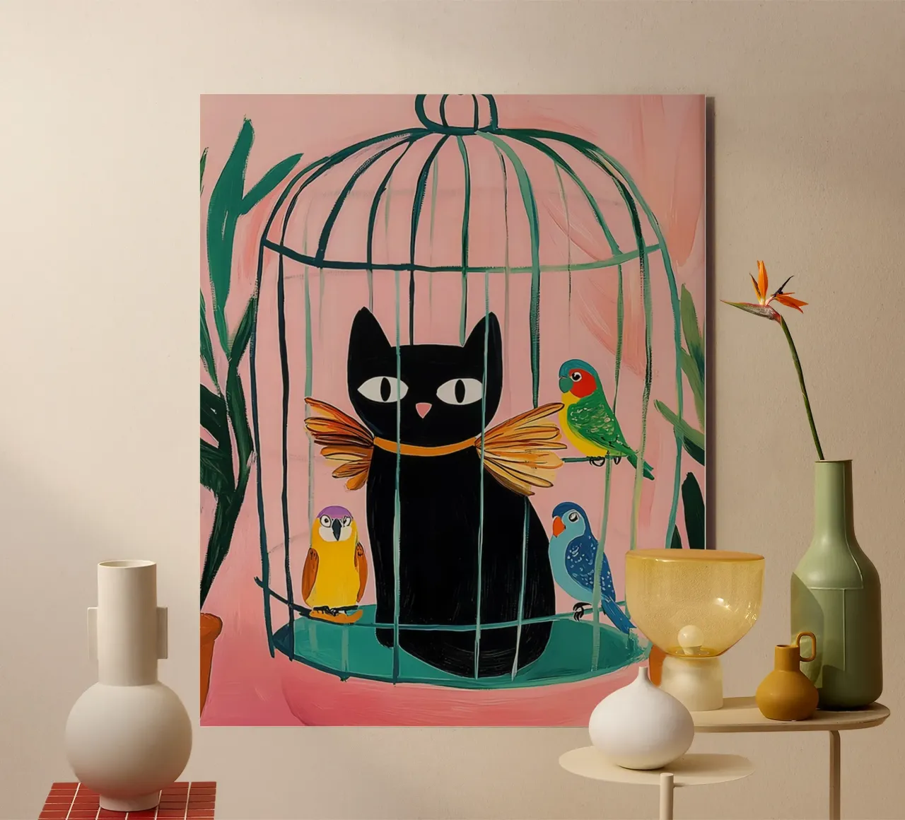 Matisse Budgies con gatto alluminio dibond da animals_studio