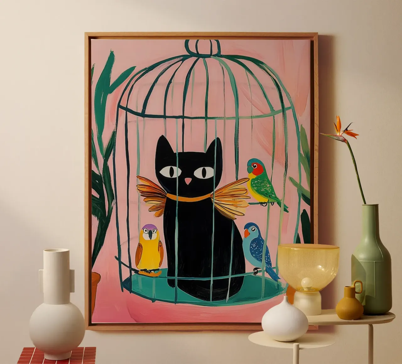 Matisse Budgies with Cat canvas with Floater frame by animals_studio