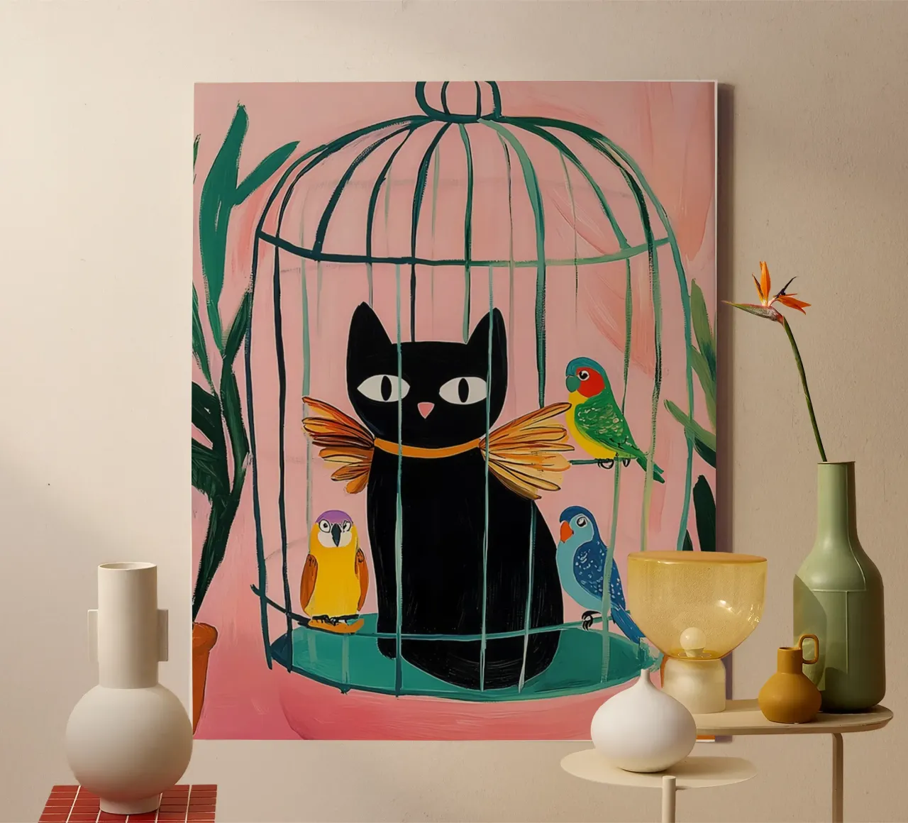 Matisse Budgies with Cat canvas with Floater frame by animals_studio