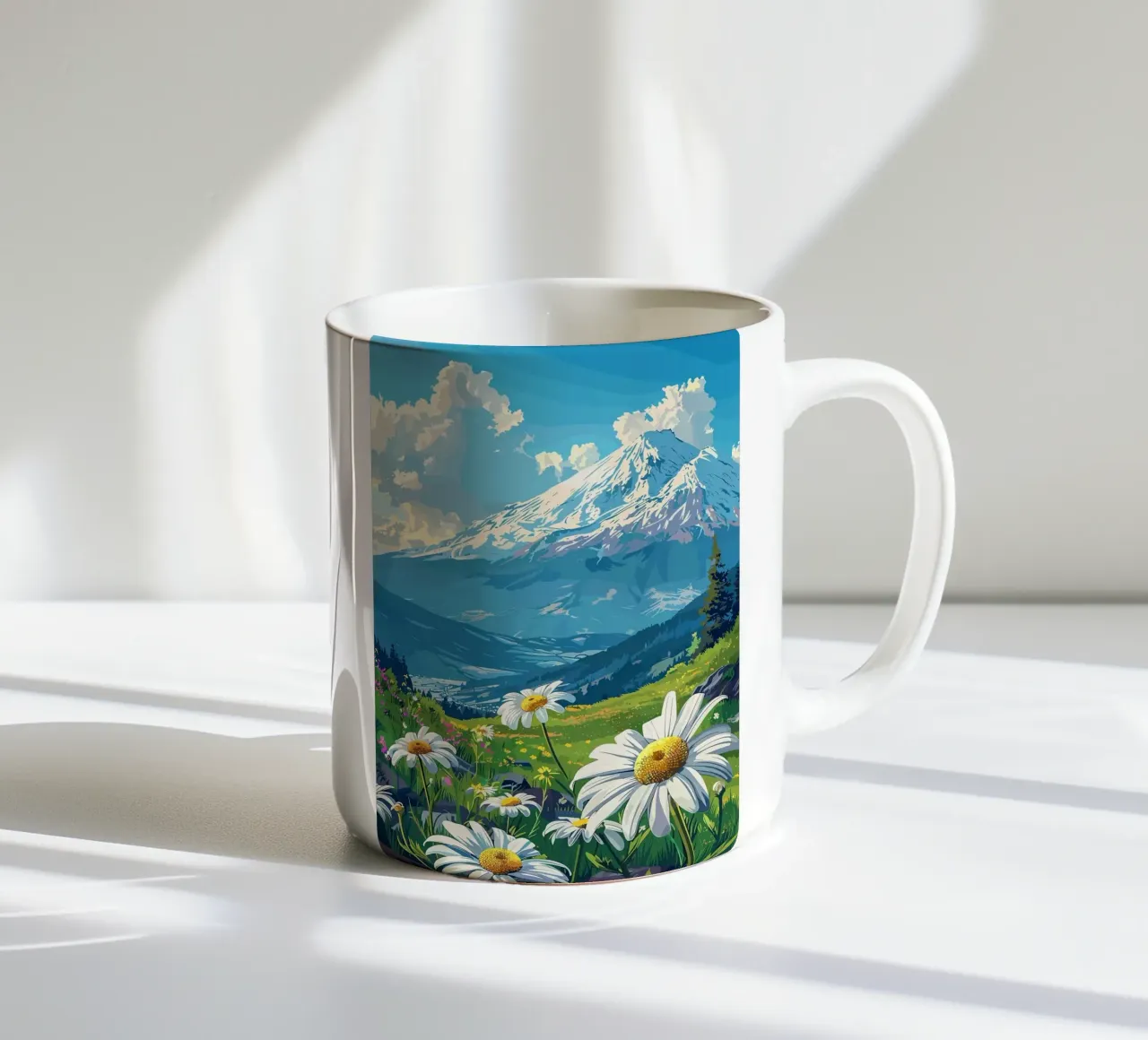 montagna neve margherite nuvole cielo alberi erba tazza in ceramica da minerva santiago