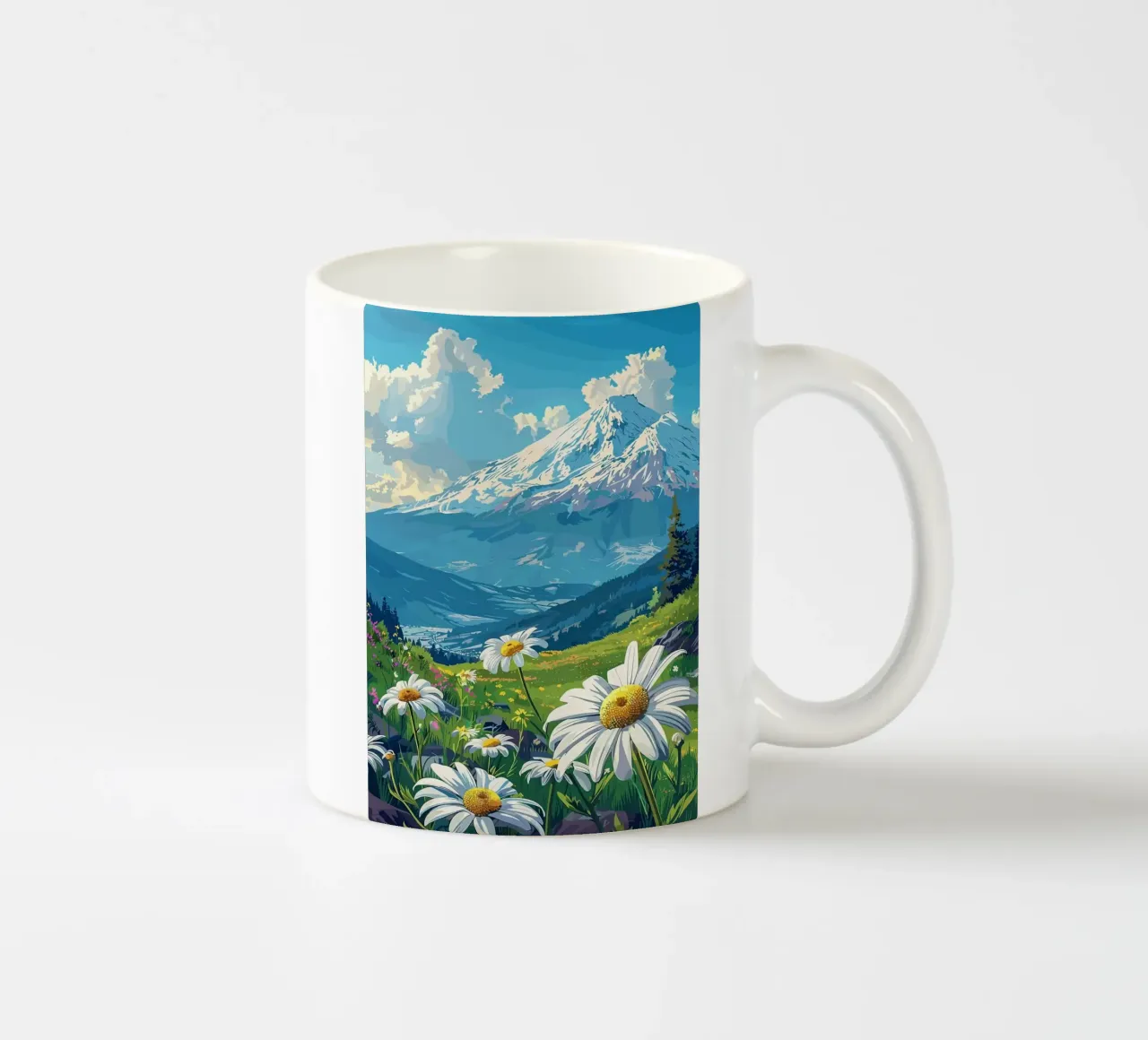 montagna neve margherite nuvole cielo alberi erba tazza in ceramica da minerva santiago