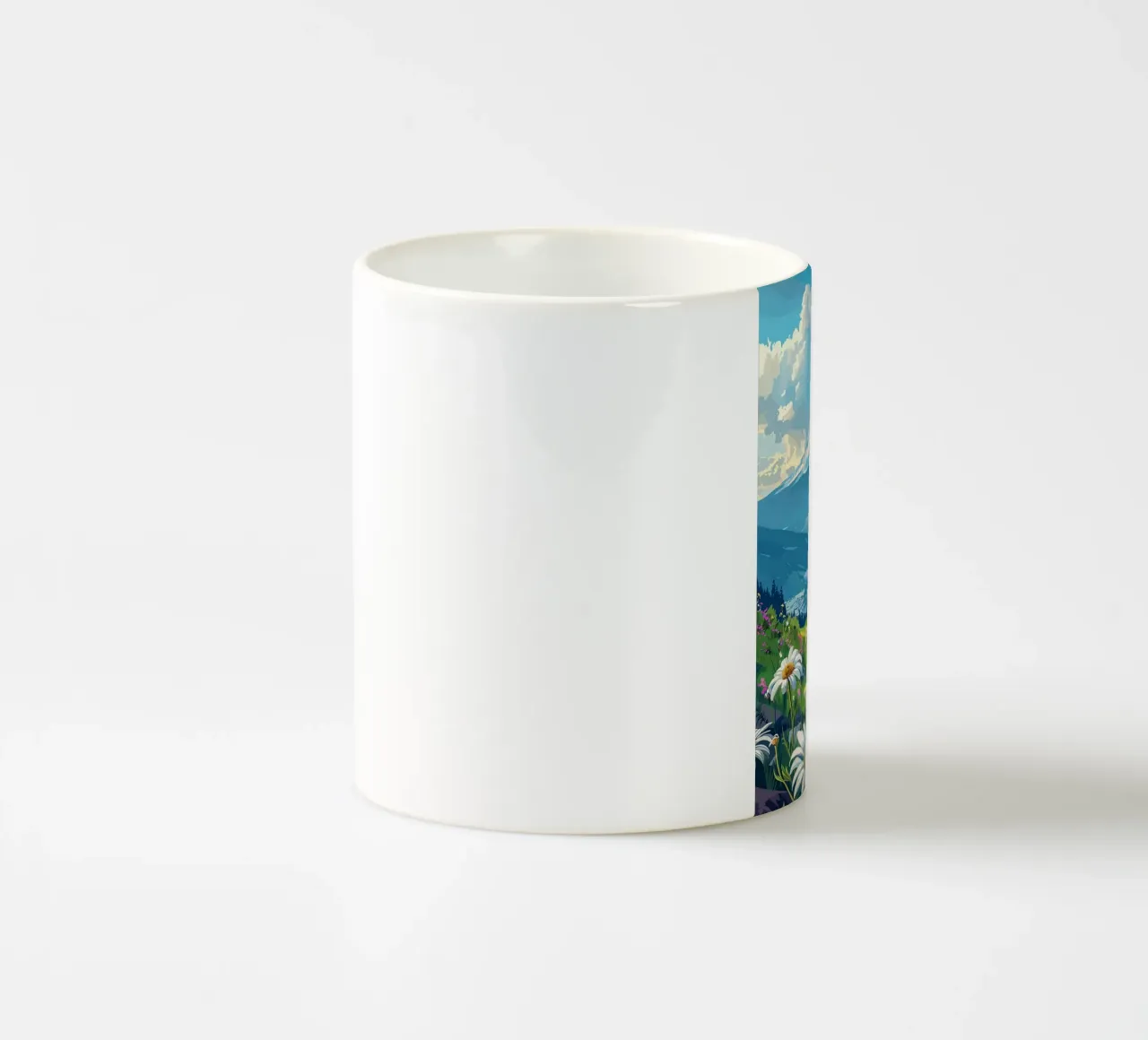 montagna neve margherite nuvole cielo alberi erba tazza in ceramica da minerva santiago
