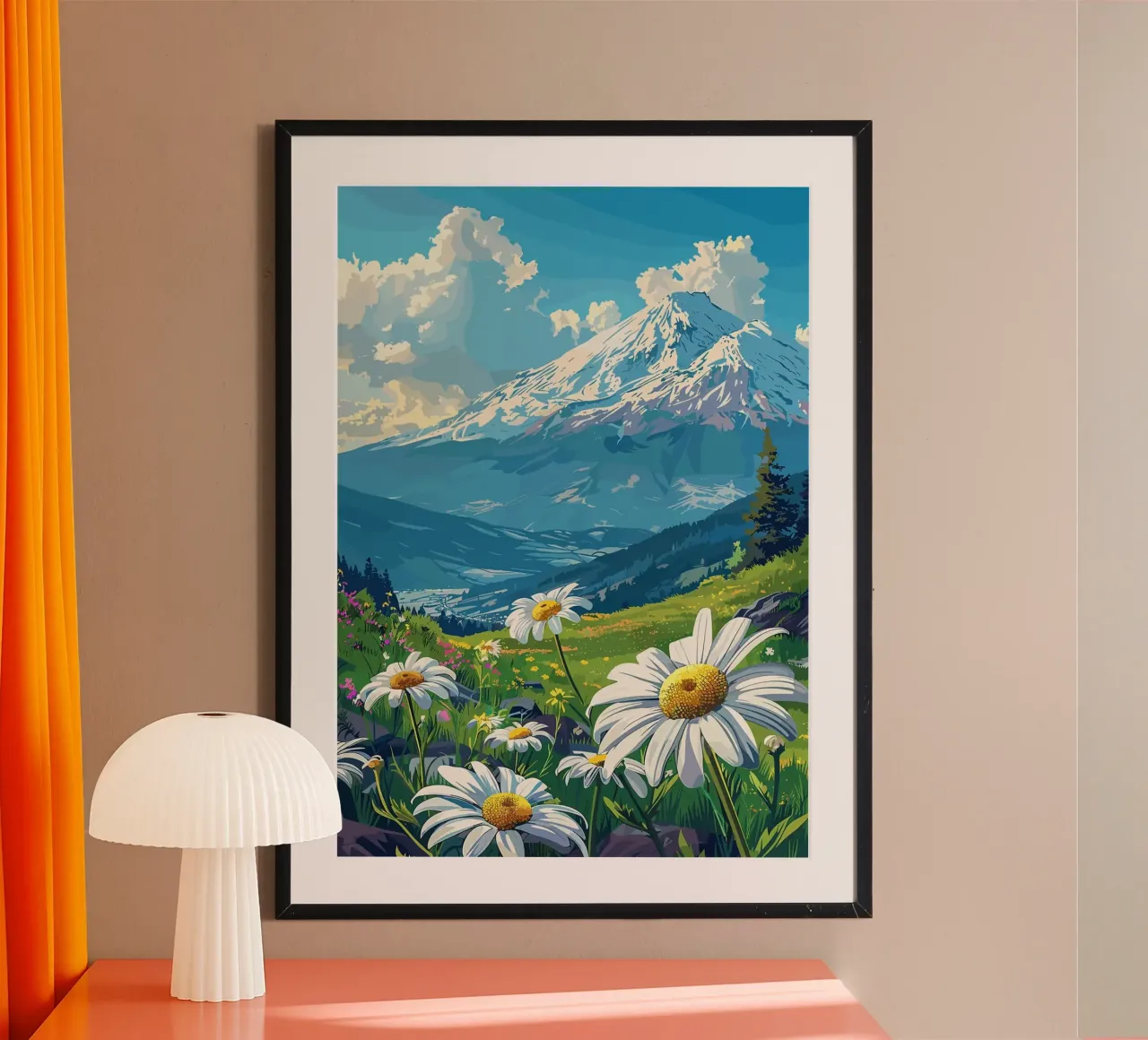 montagna neve margherite nuvole cielo alberi erba poster con telaio in plastica da minerva santiago