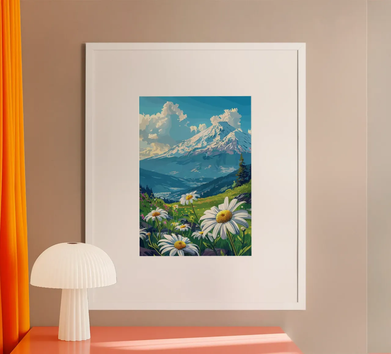 montagna neve margherite nuvole cielo alberi erba poster con telaio in plastica da minerva santiago