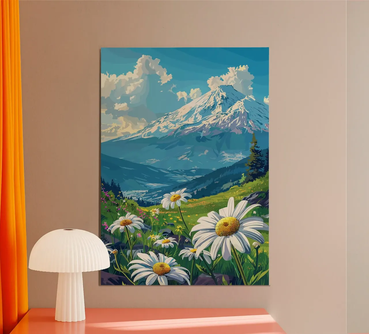 montagna neve margherite nuvole cielo alberi erba poster con telaio in plastica da minerva santiago