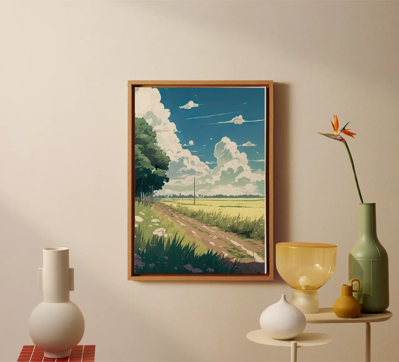 clouds blue sky trees dirt road fields greenery canvas with Floater frame by minerva santiago