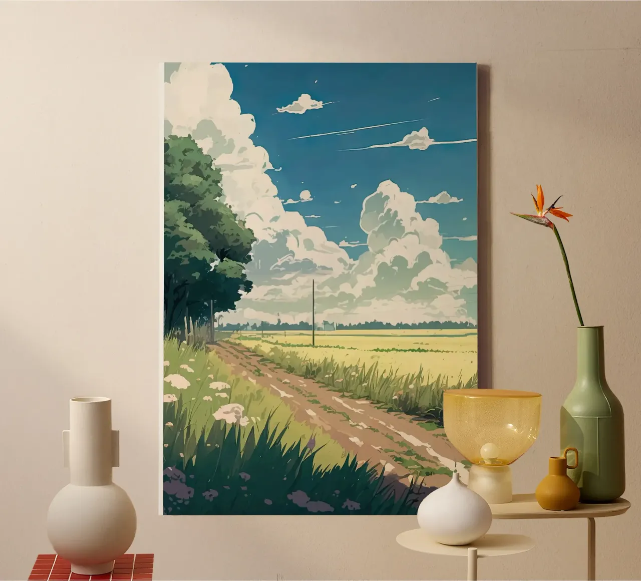 clouds blue sky trees dirt road fields greenery canvas with Floater frame by minerva santiago
