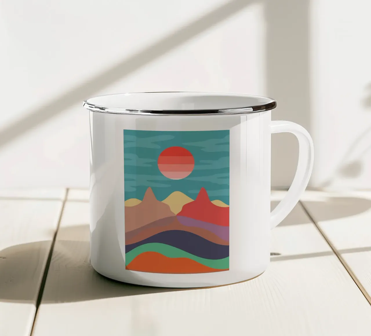 sun mountains clouds horizon layers desert sky enamel mug by minerva santiago