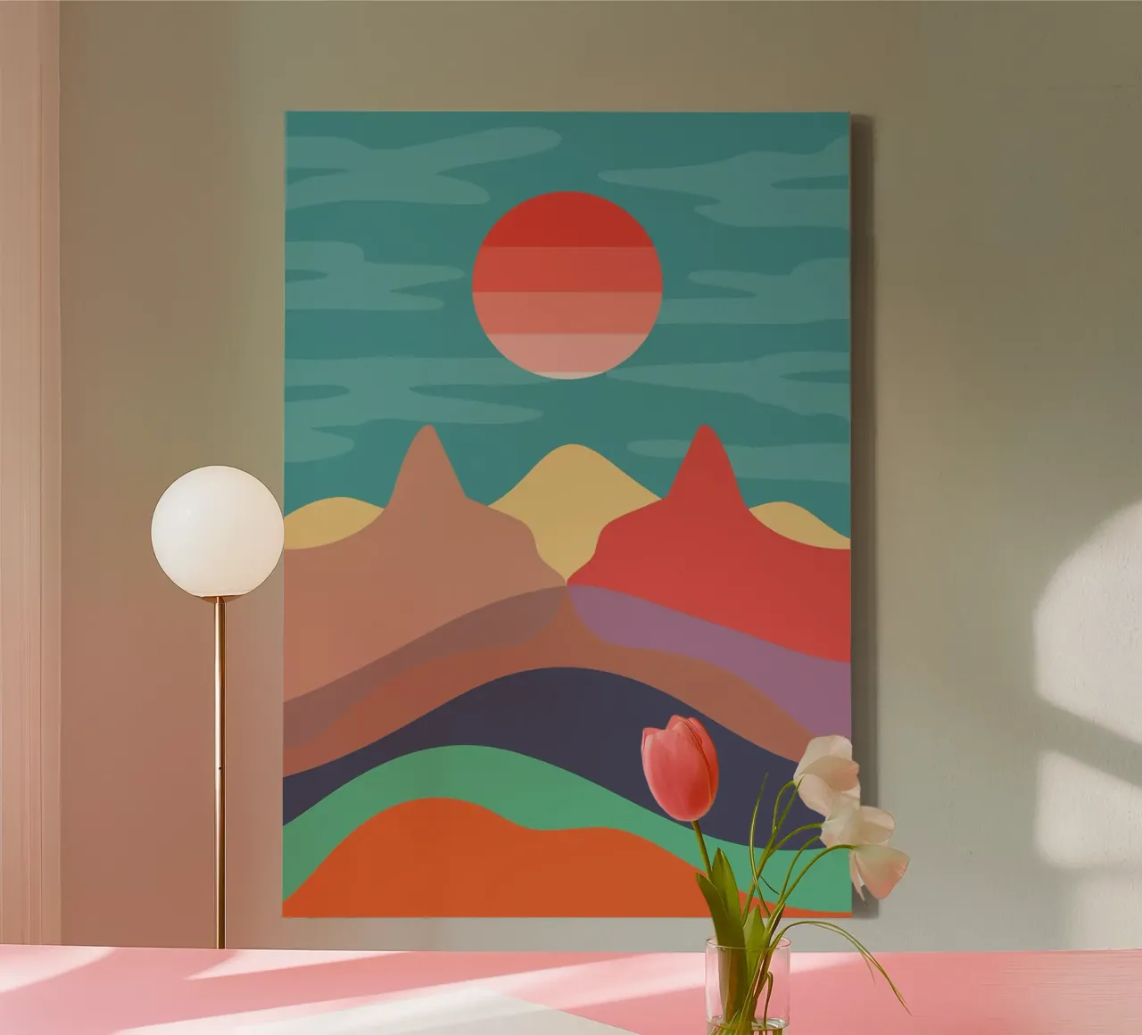 sun mountains clouds horizon layers desert sky canvas with Floater frame by minerva santiago