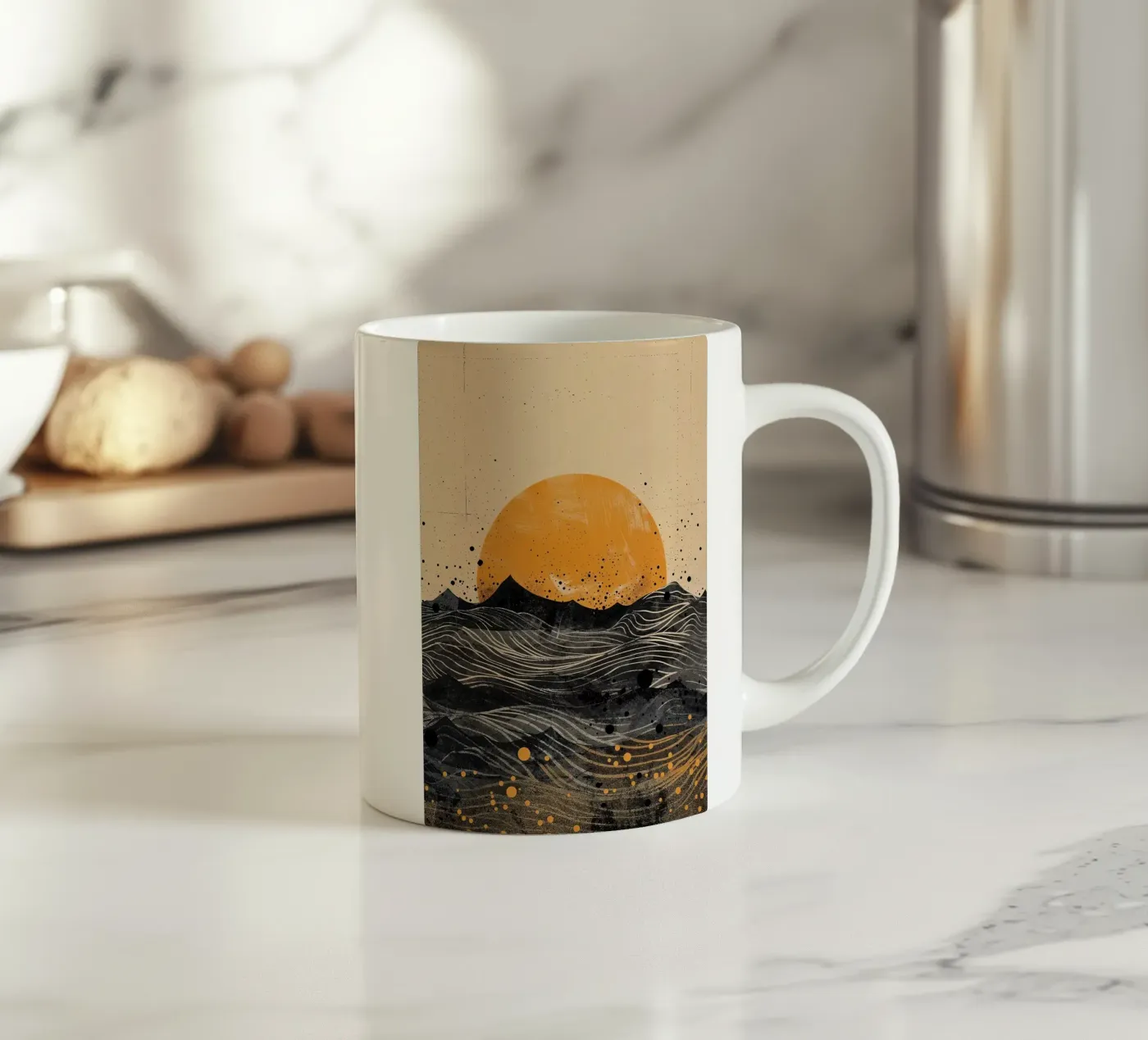 sun horizon waves dots textures lines abstract elements ceramic mug by minerva santiago