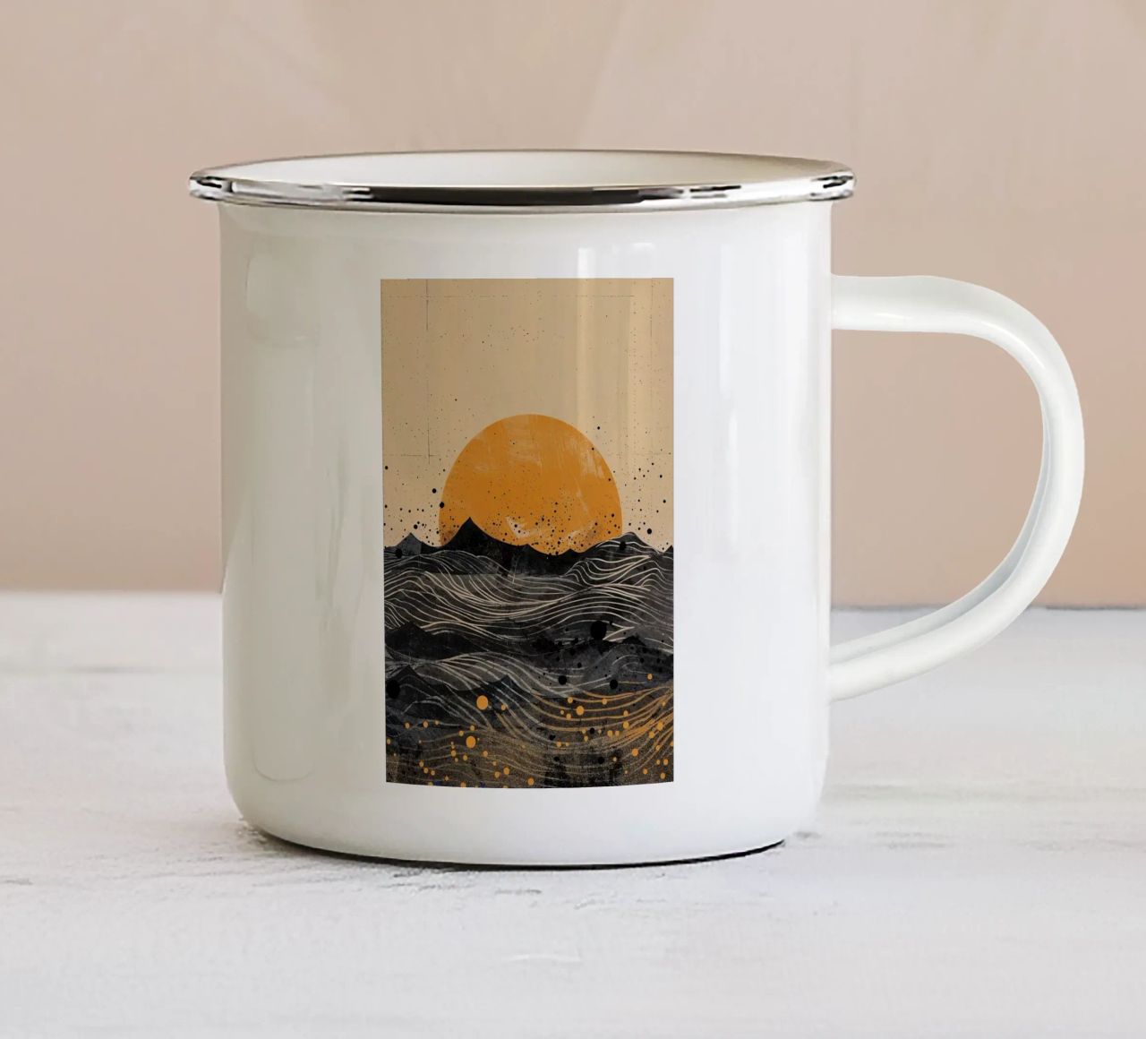 sun horizon waves dots textures lines abstract elements enamel mug by minerva santiago