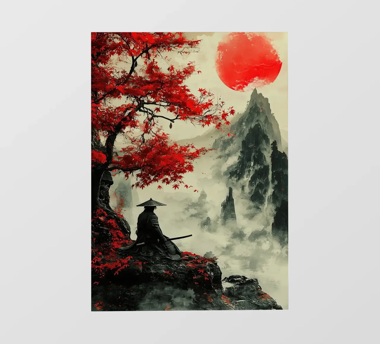 samurai sole rosso foglie rosse scogliera montagne nebbia albero telo in pvc da Kristen Parr