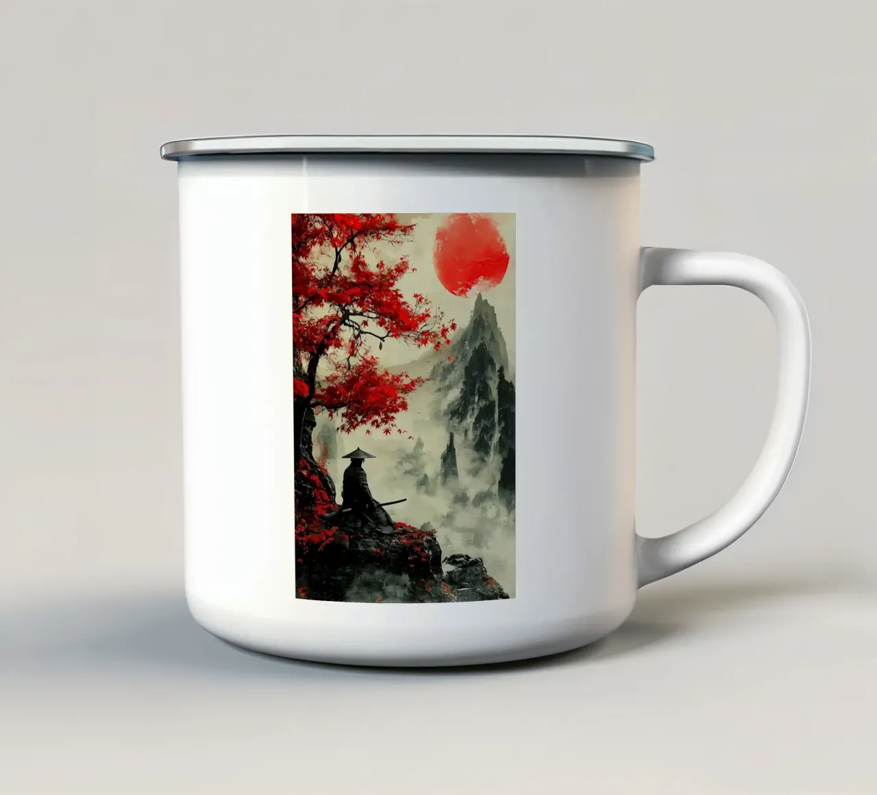 samurai sole rosso foglie rosse scogliera montagne nebbia albero tazza in smalto da Kristen Parr