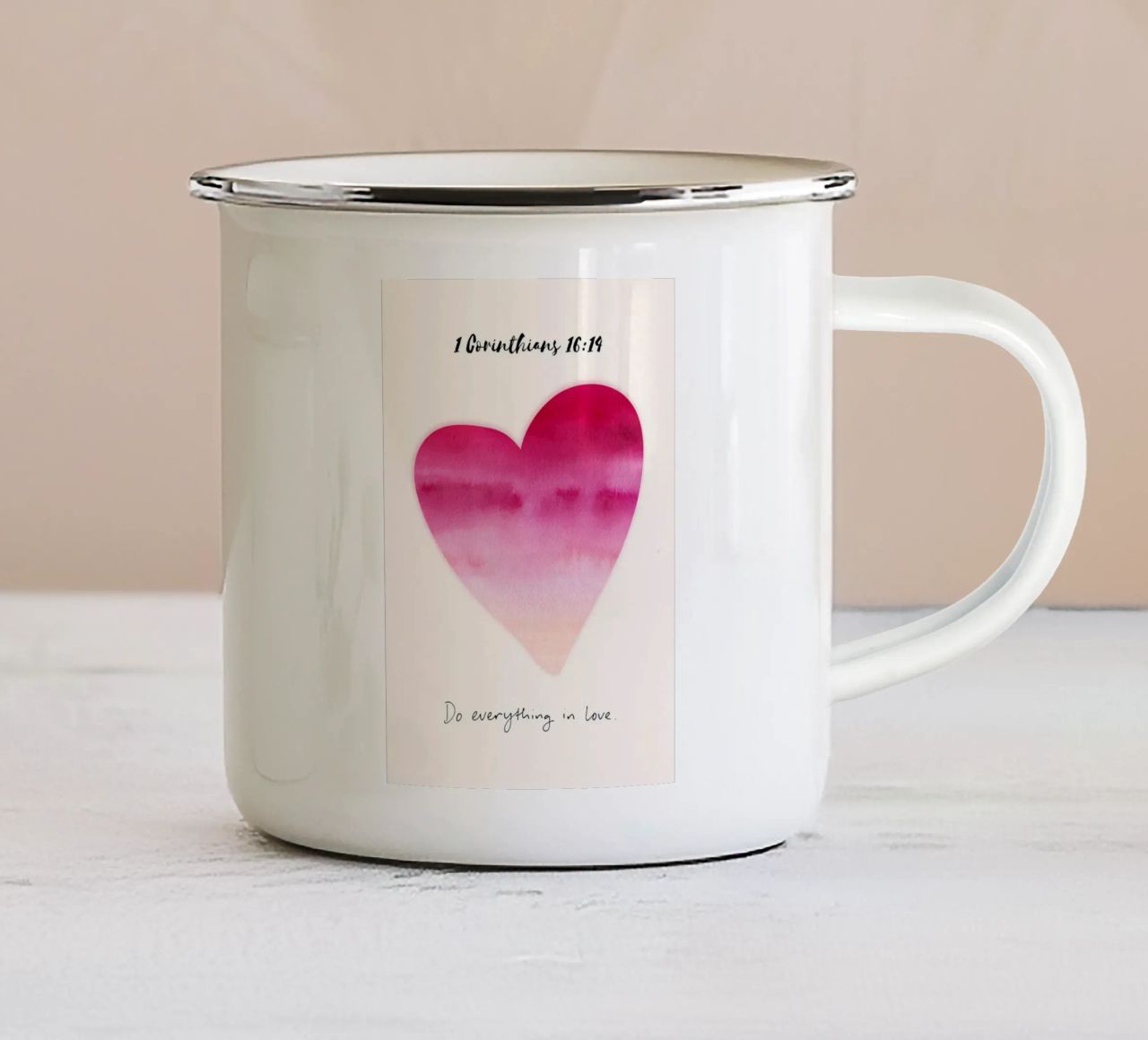 cuore citazione scritture acquerello rosa rosso gradiente amore fait tazza in smalto da Gloria A Kifyuk