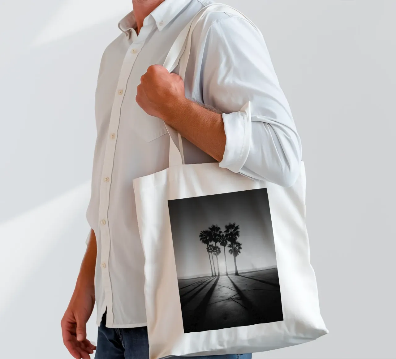 Black and White Sunset Palm Trees on Beach tote bag by Indigo Tides Art