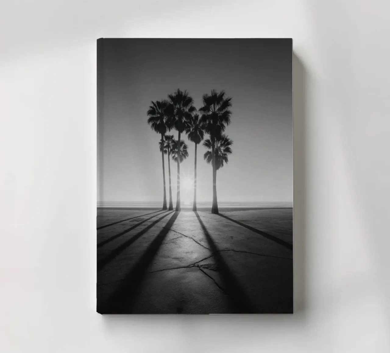 Black and White Sunset Palm Trees on Beach notebook by Indigo Tides Art
