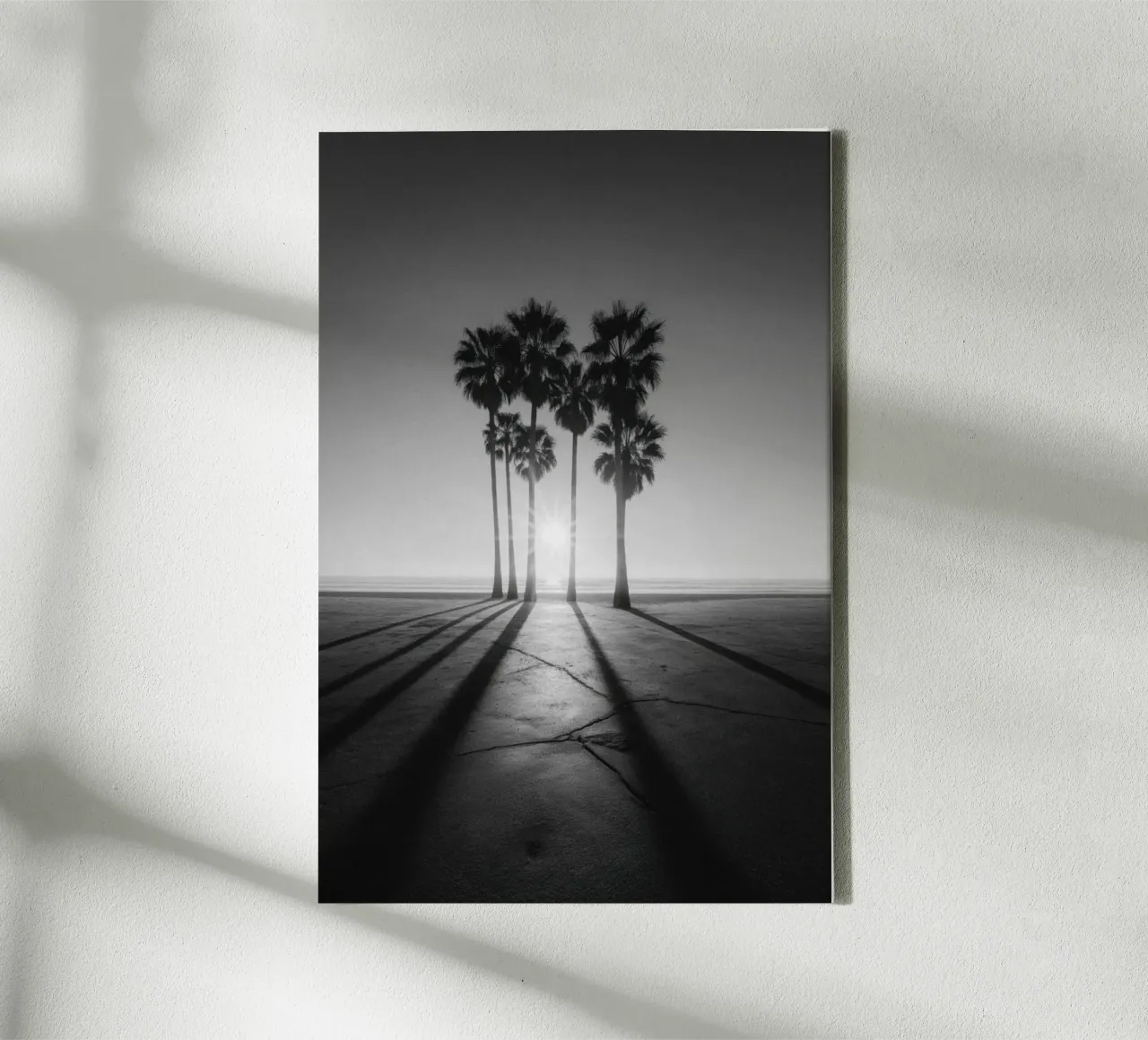 Palme al tramonto in bianco e nero sulla spiaggia tela con Cornice a cassetta da Indigo Tides Art
