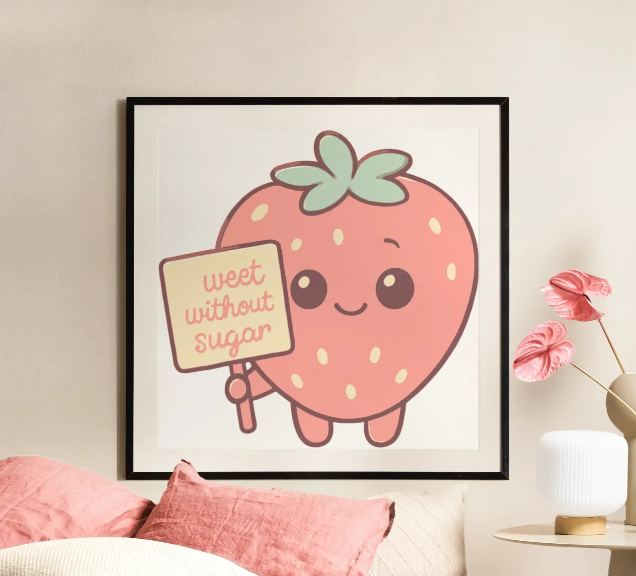 Dolce senza zucchero Kawaii Strawberry - Frutta sana e carina poster con telaio in alluminio da artdesign1985