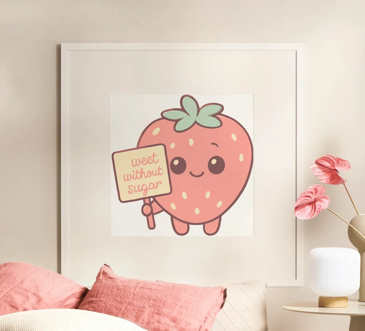 Dolce senza zucchero Kawaii Strawberry - Frutta sana e carina poster con telaio in alluminio da artdesign1985