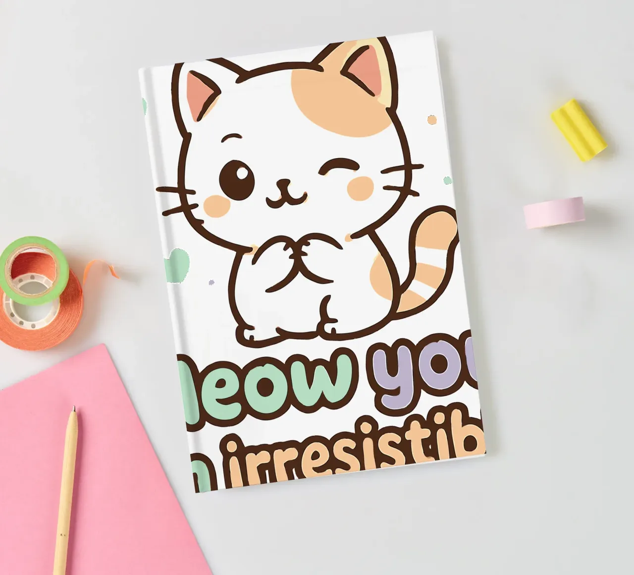 Meow You, I'm Irresistible! - Cute Kawaii Winking Cat notebook by artdesign1985