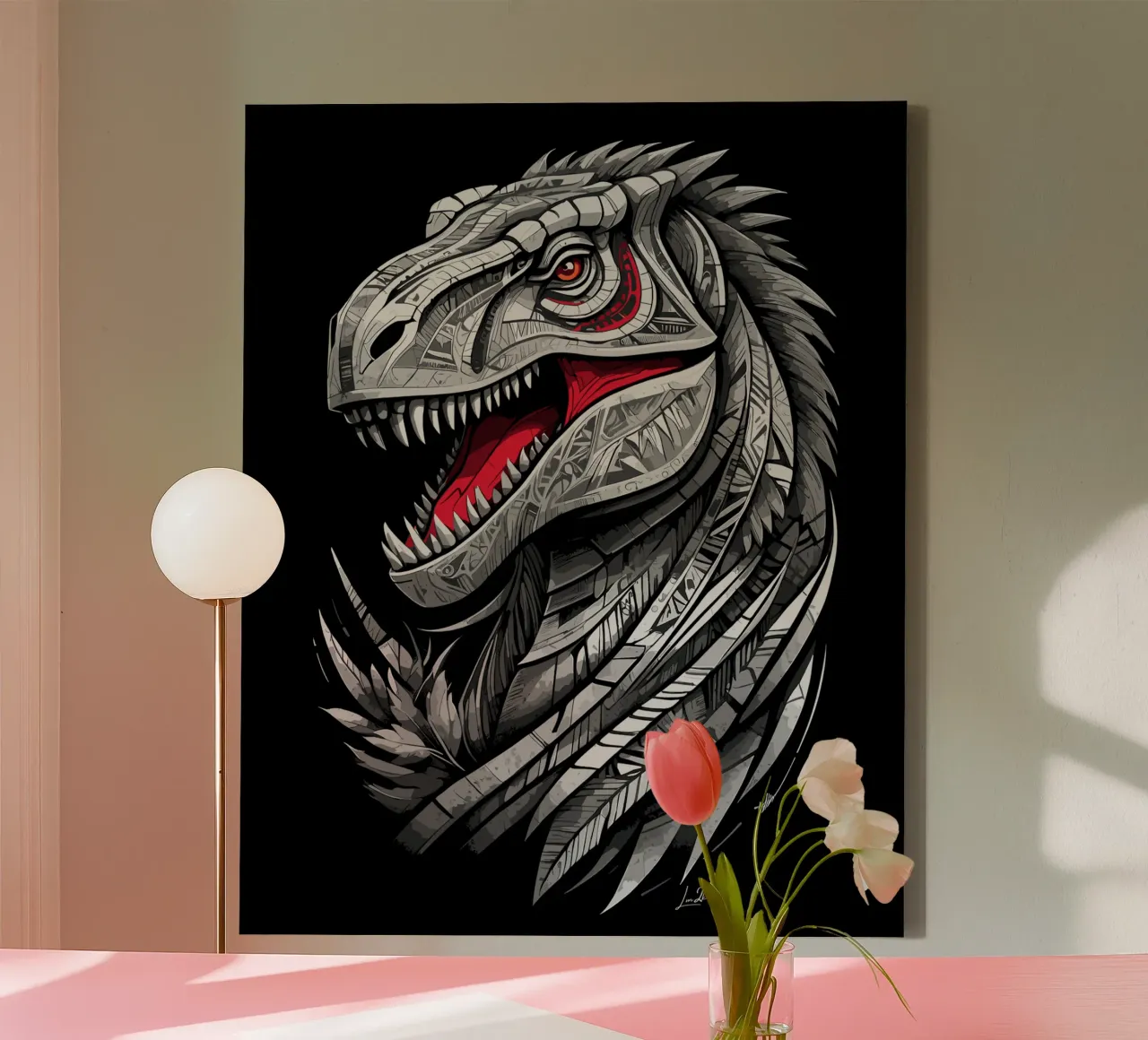 T-Rex Geometric Dinosaur canvas with Floater frame by LM2KONE