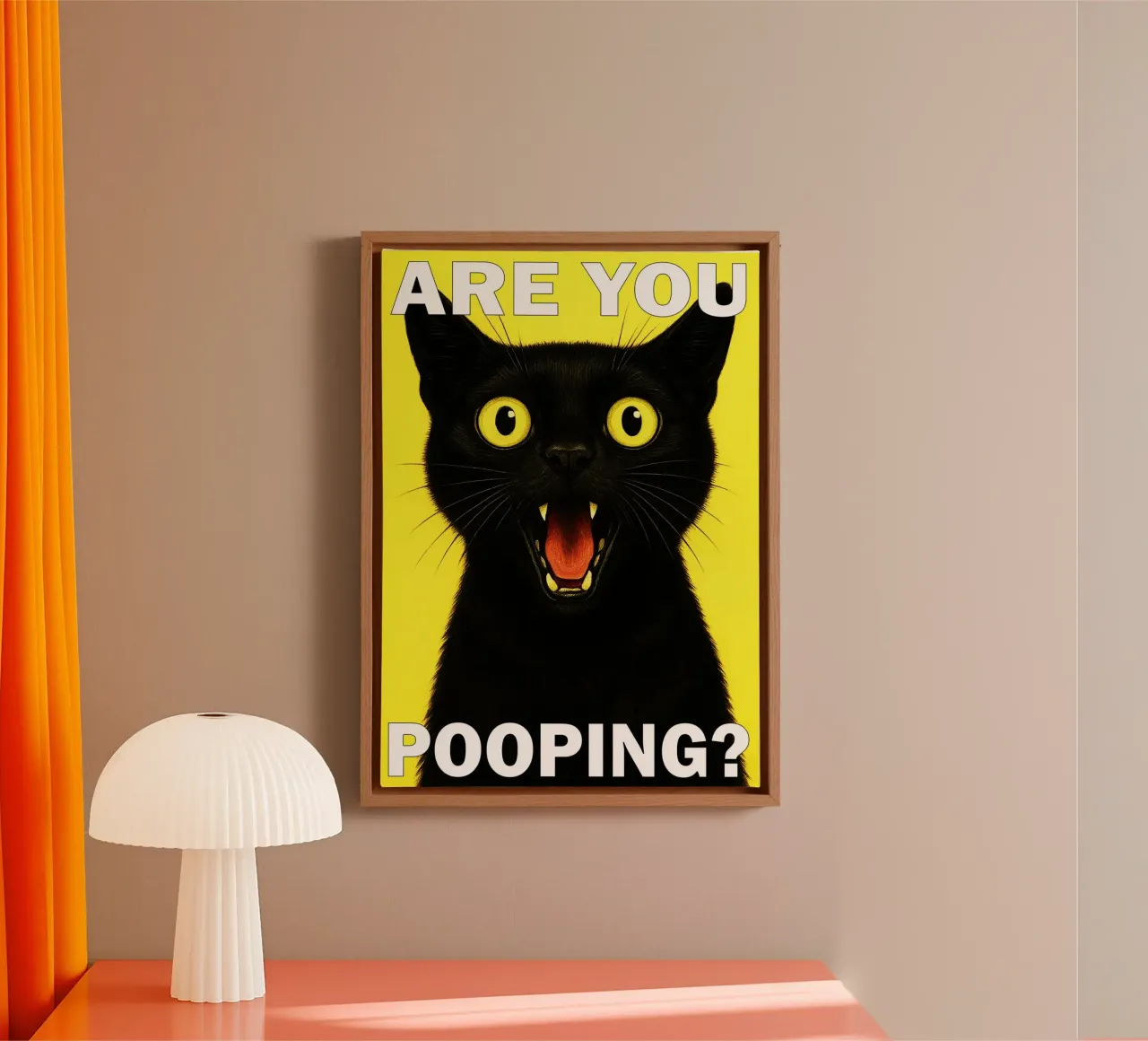 angry cat are you pooping funny bathroom canvas with Floater frame by Nayara